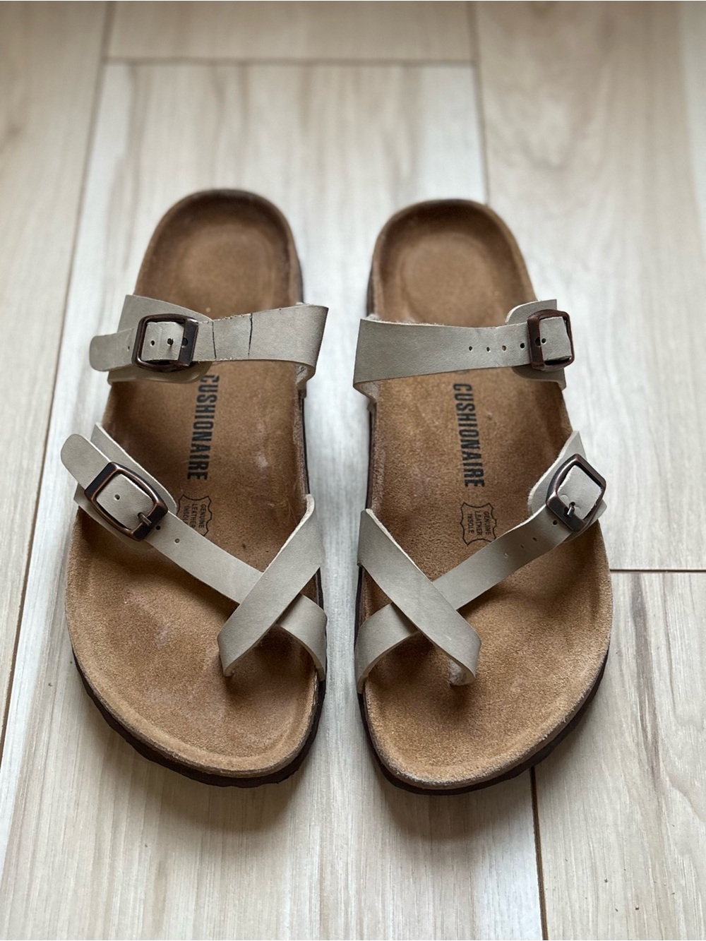 Women’s Double Strap Footbed Sandals Beige Taupe Size 10 Genuine Leather - Picture 2 of 5